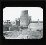 Great Minaret, Khiva: 'It was intended for a Great Tower at least twice as high but was never finished. On the outer surface are built texts from the Koran.'