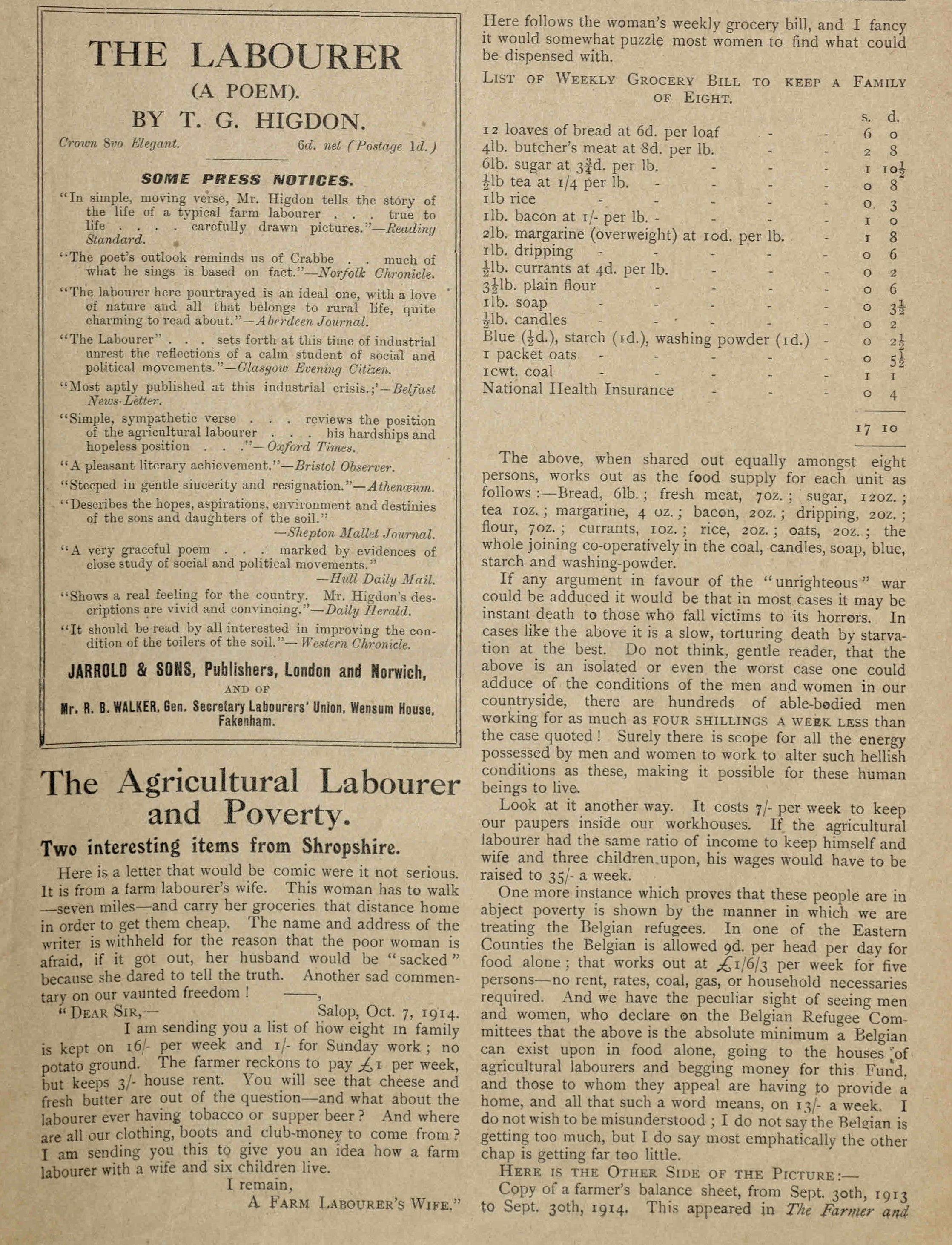Extract from 'The Labourer, February 1915, including an example of a weekly grocery bill for a family of eight