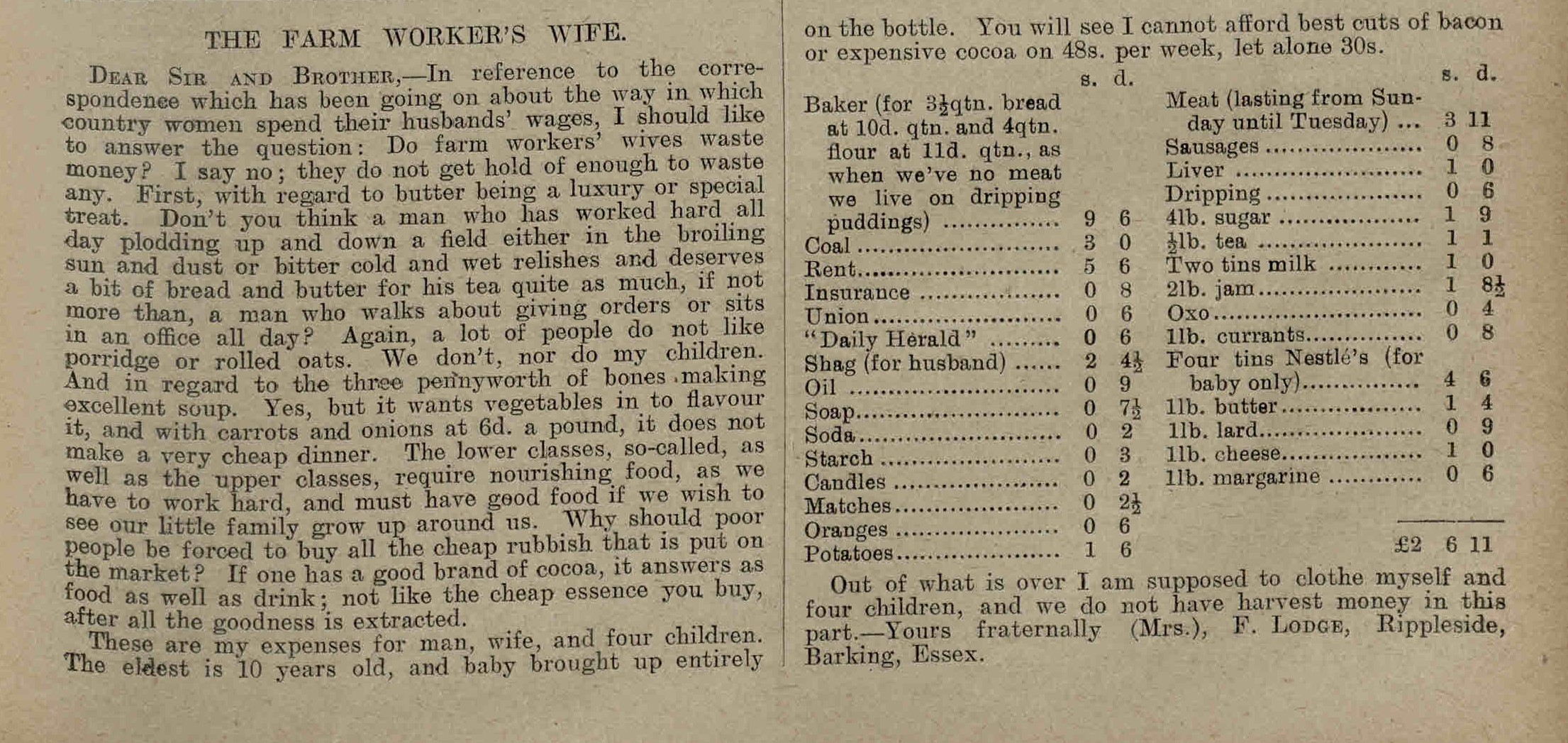 Extract from The Land Worker, May 1922, reproducing a letter from Mrs F. Lodge, Rippleside, Barking, Essex, in which she outlines the weekly expenditure for her, her husband and their four children