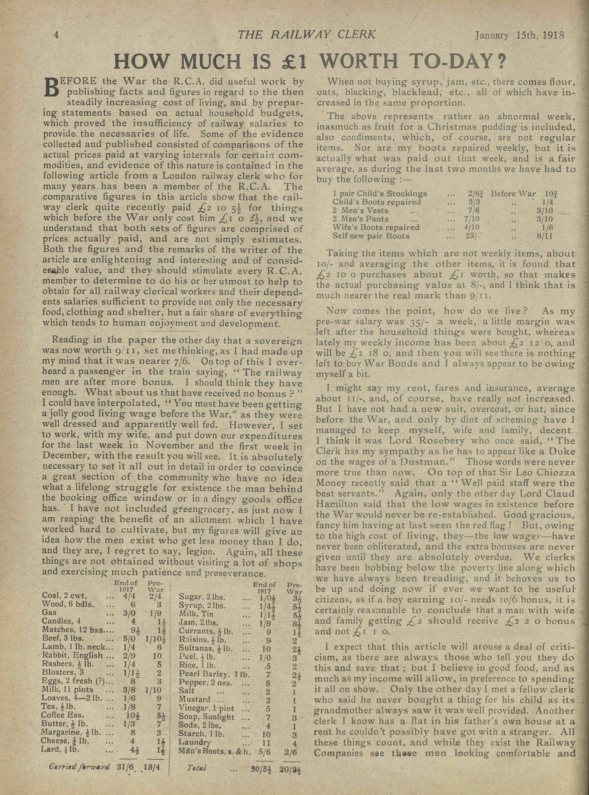 Page from The Railway Clerk, 15 January 1918, containing an article called "How much is £1 worth to-day?"