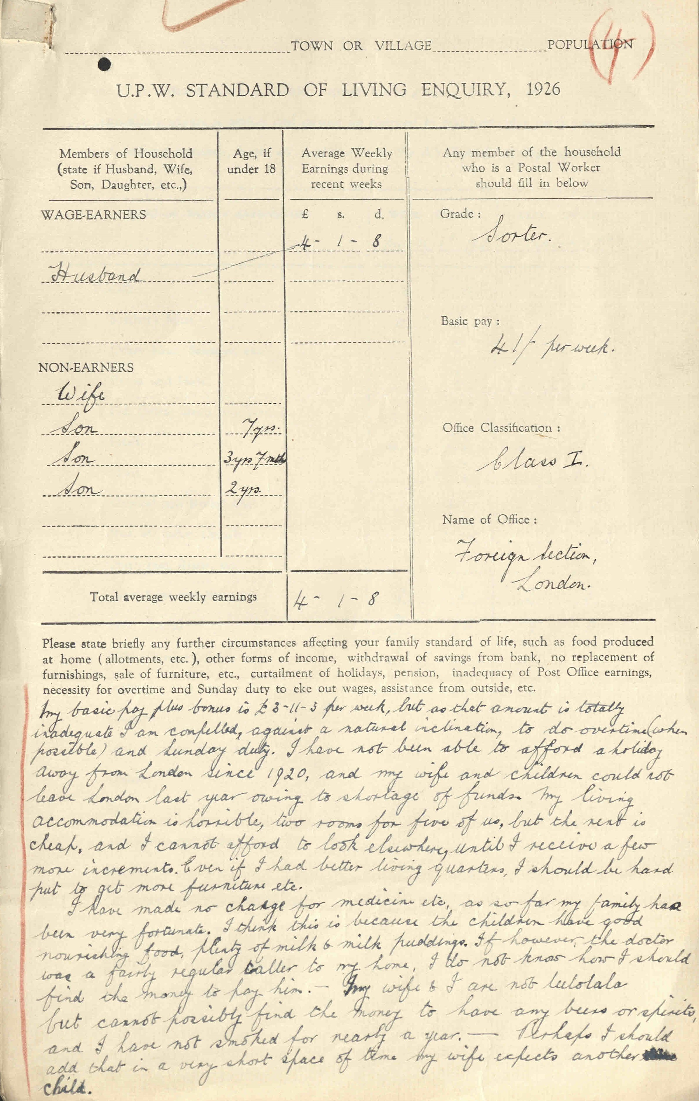 Form submitted by a London postal sorter for the Union of Post Office Workers' standard of living enquiry, 1926