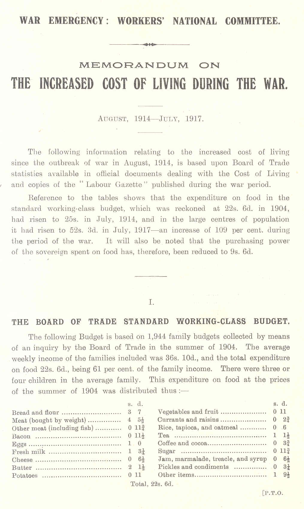 Front page of leaflet "Memorandum on the increased cost of living during the war, August, 1914 - July, 1917", including summary of the Board of Trade standard working class budget