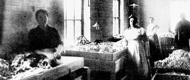 Photograph of three women and a man in a rag sorting room