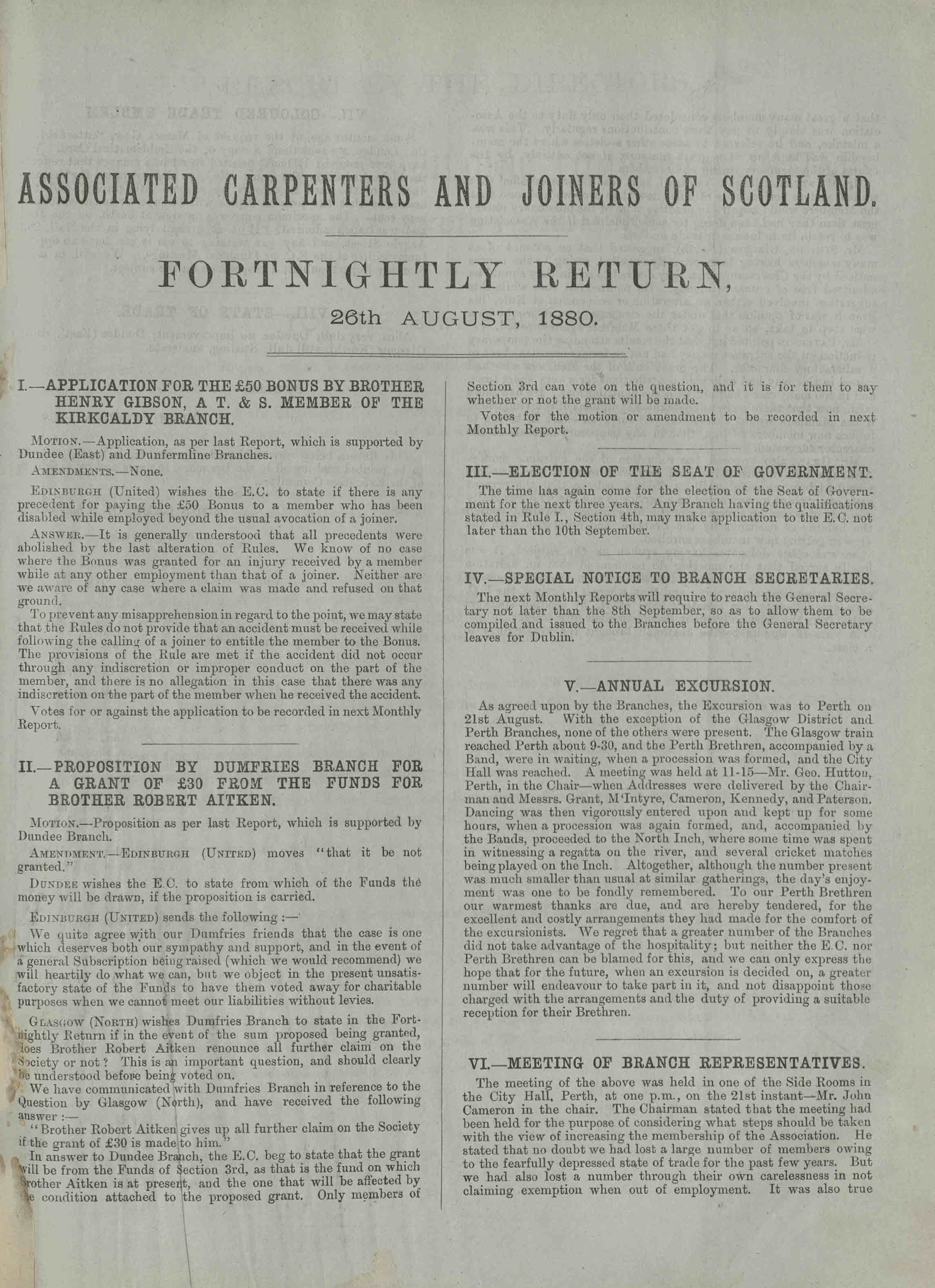 Front page of the fortnightly return for 26 August 1880, it includes information about grants to members and an annual excursion