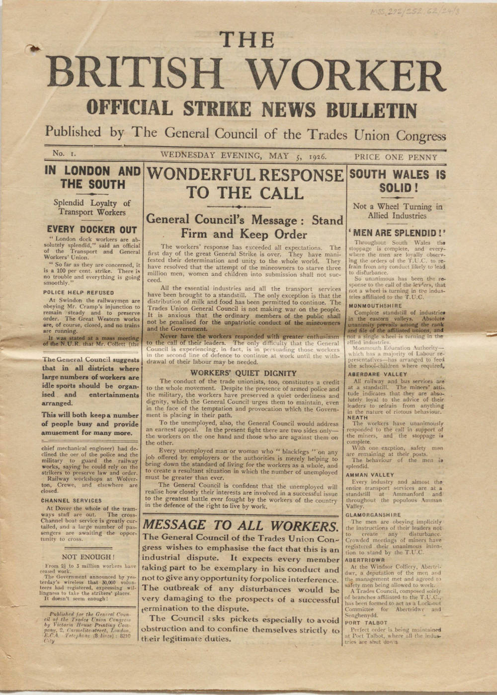 Front page of the first edition of The British Worker