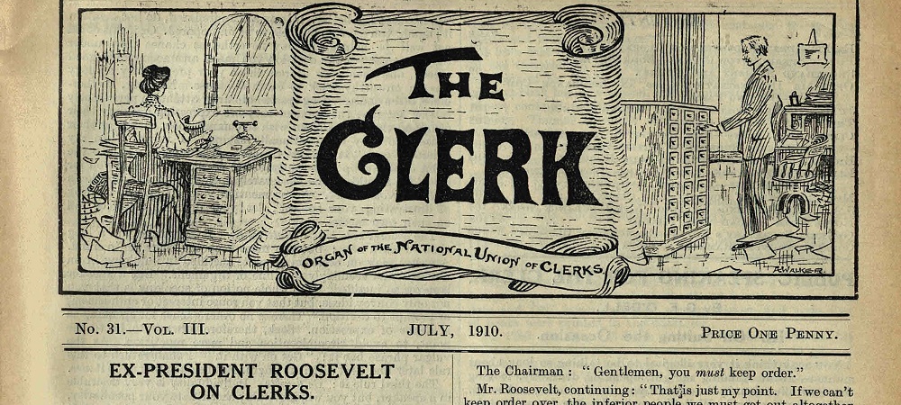 Header of The Clerk, including illustrations of a man and woman at work