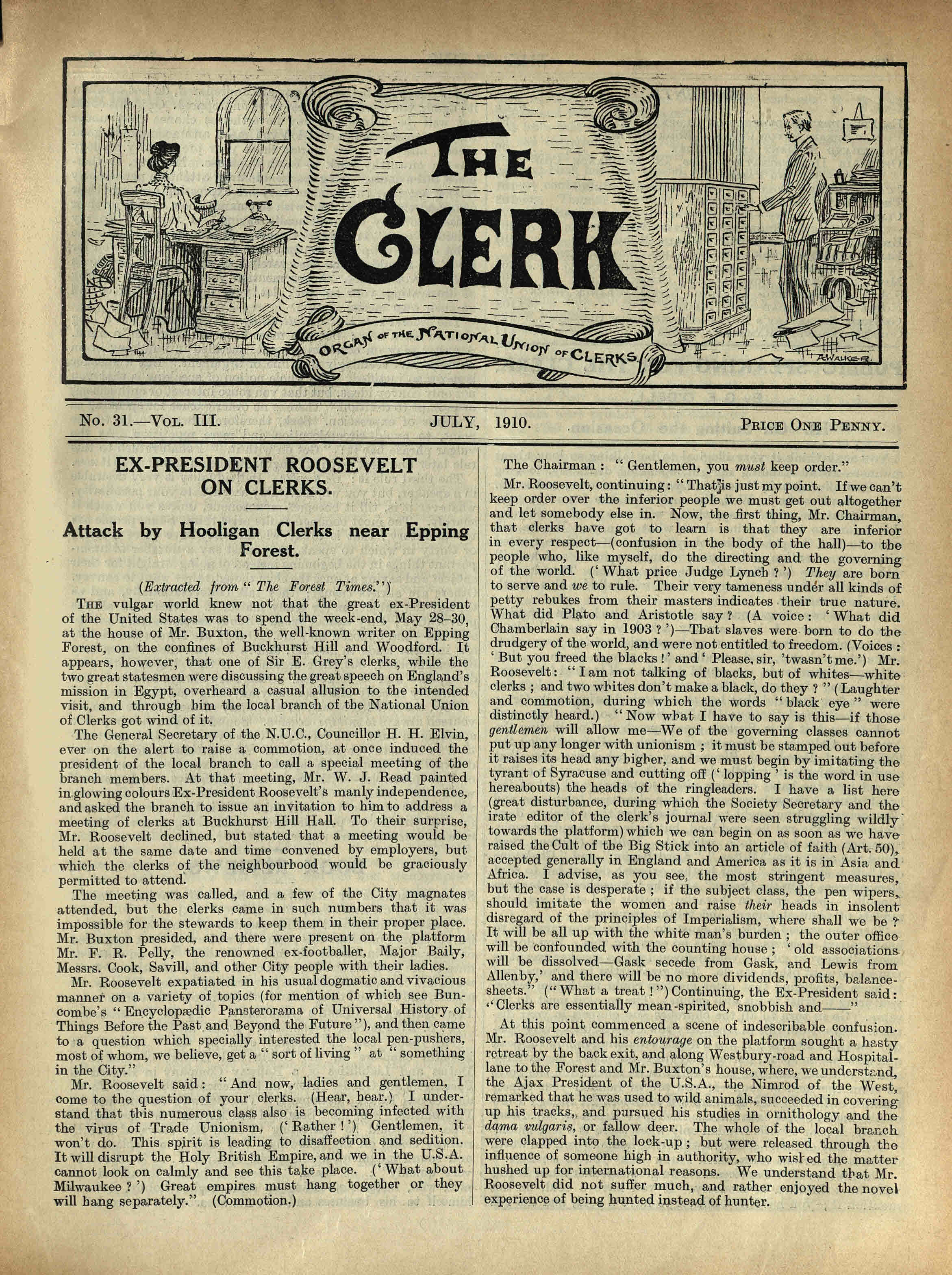 Front page of The Clerk, July 1910