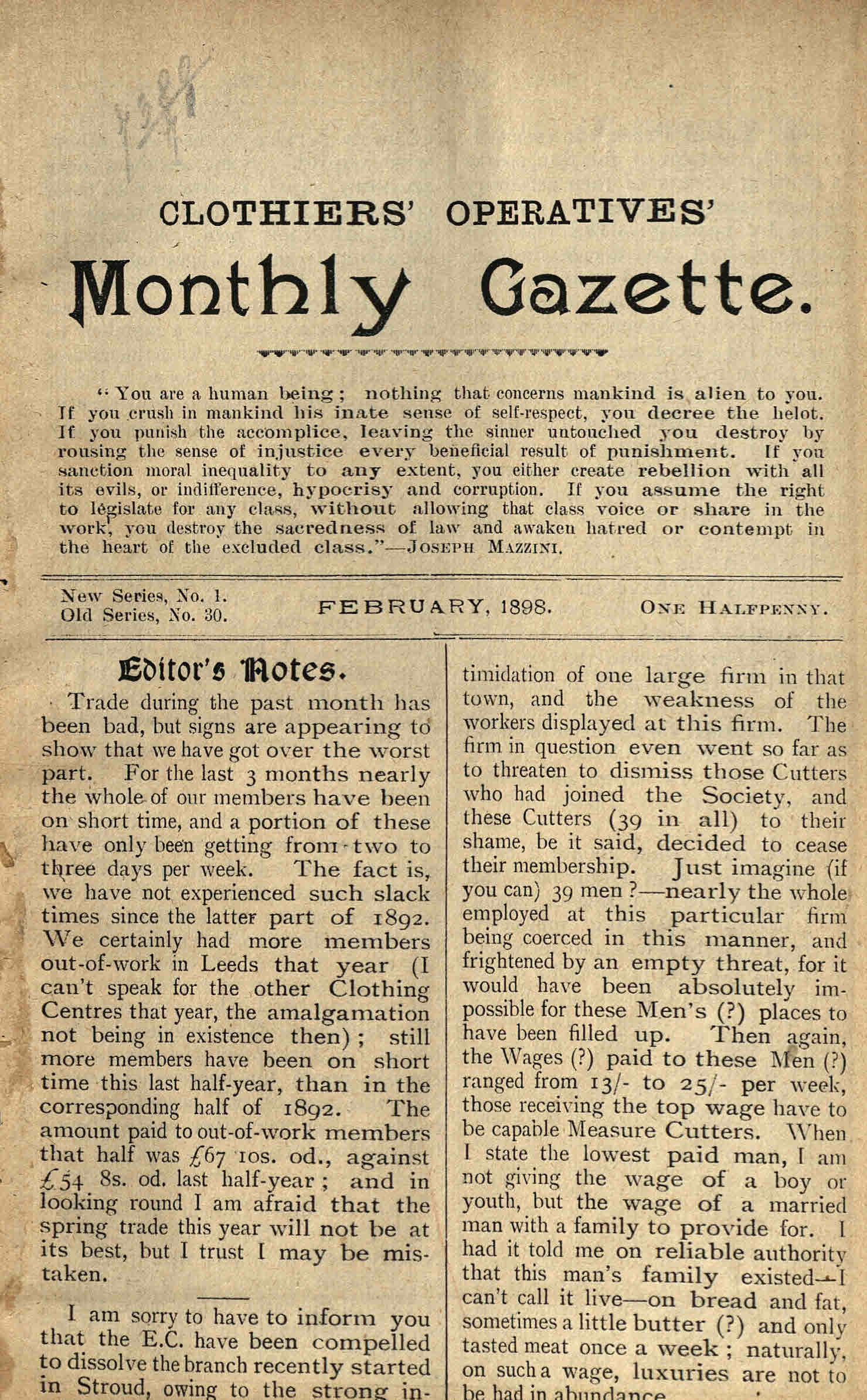 Front page of the Clothiers Operatives Monthly Gazette, February 1898