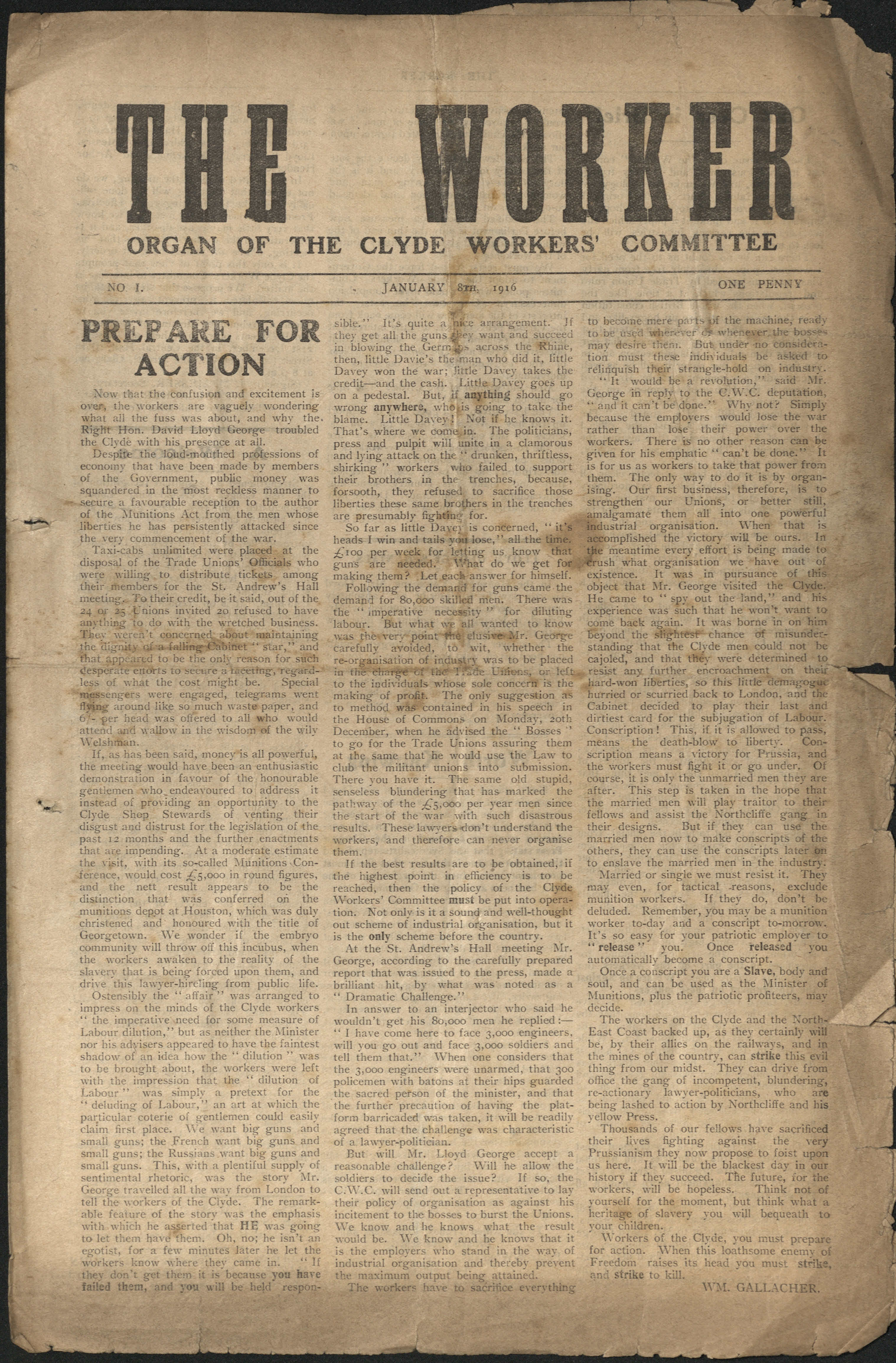 Front page of The Worker, no.1