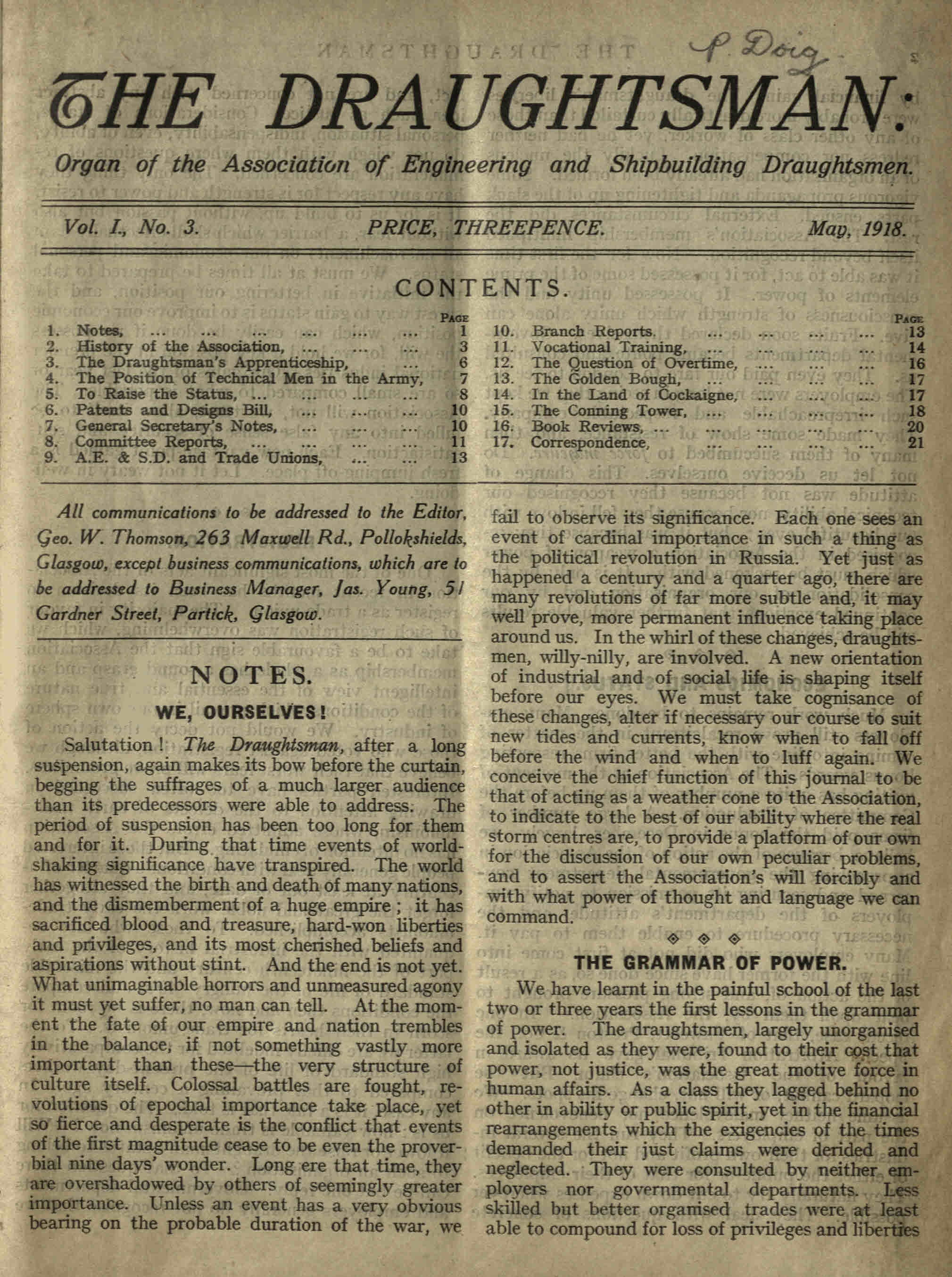 Front page of The Draughtsman, May 1918
