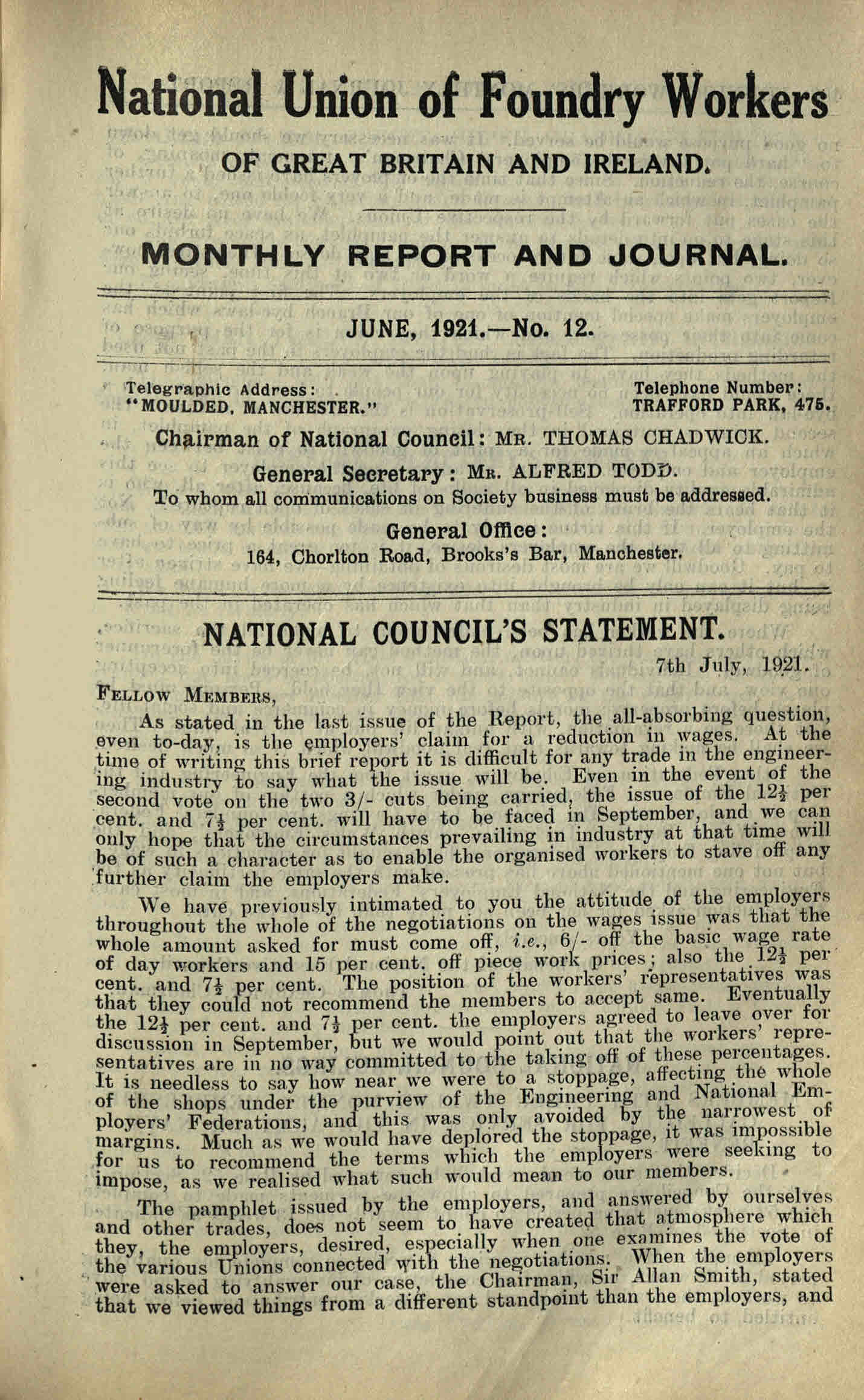 Front page of Monthly Report & Journal for June 1921