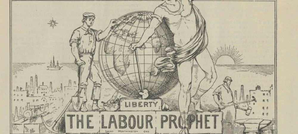 Header of The Labour Prophet, showing the title of the publication and an illustration of figures around a globe