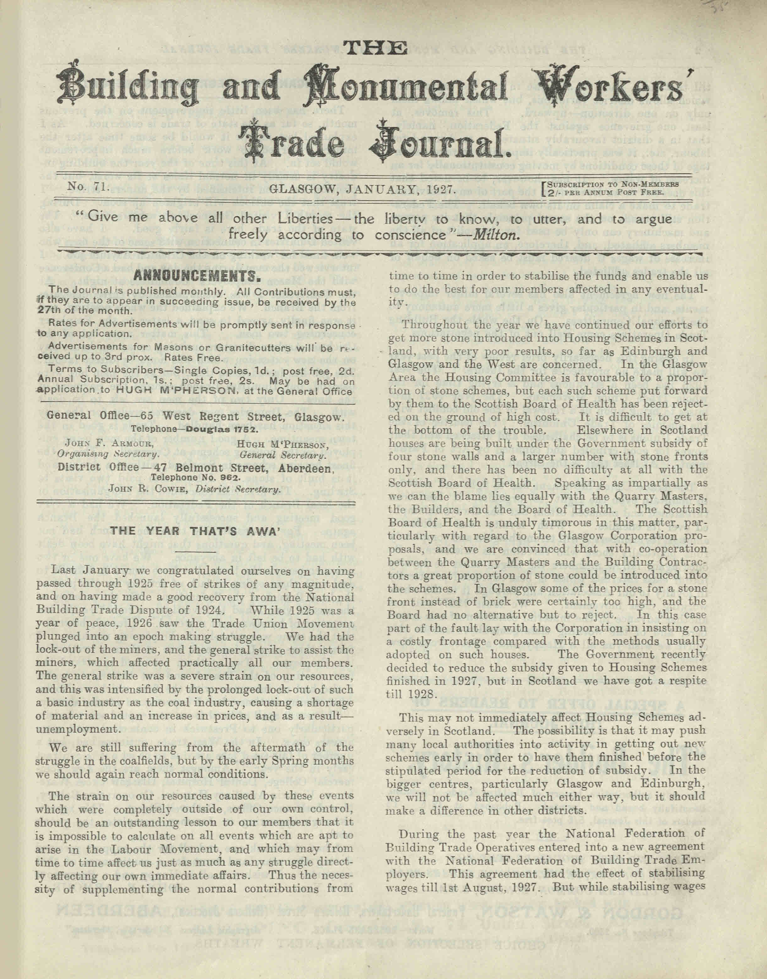 First page of The Building and Monumental Workers' Trade Journal, January 1927