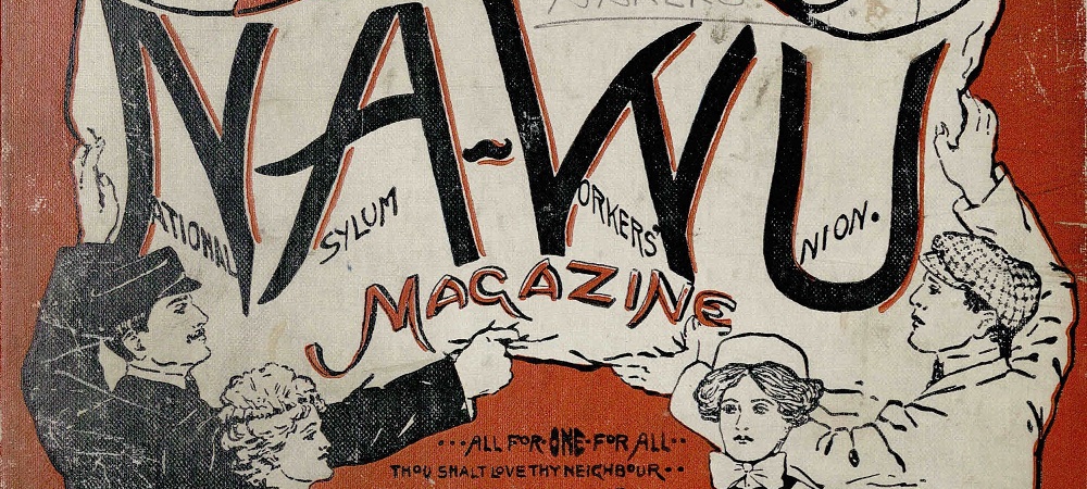 Header of NAWU Magazine, including the name of the journal and images of asylum workers