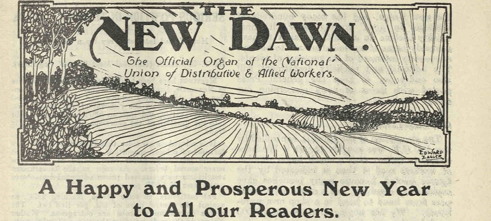 Header of New Dawn, showing the title of the publication and an image of a sunrise over a rural landscape