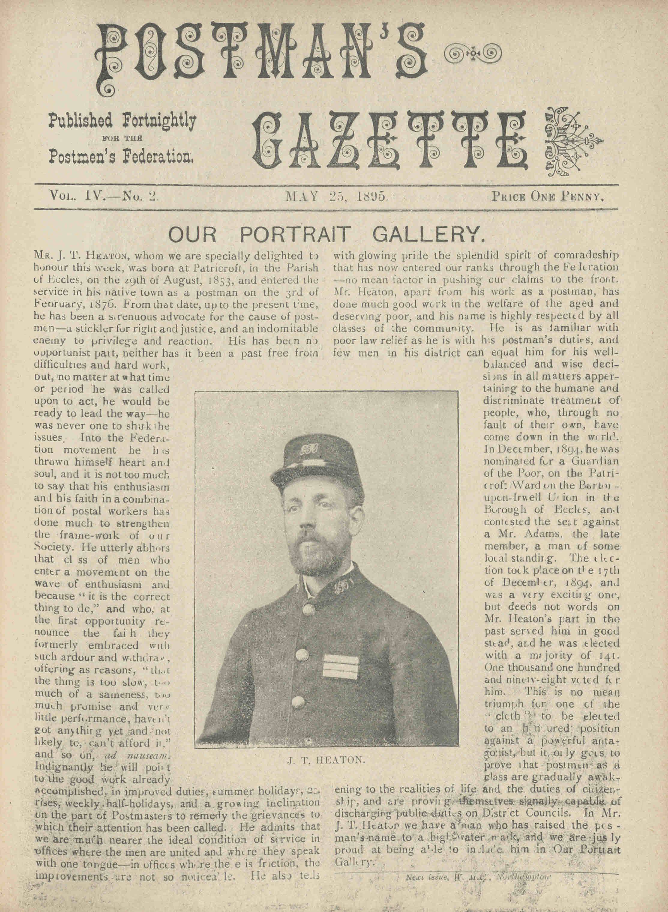 Front page of Postmans Gazette, 25 May 1895