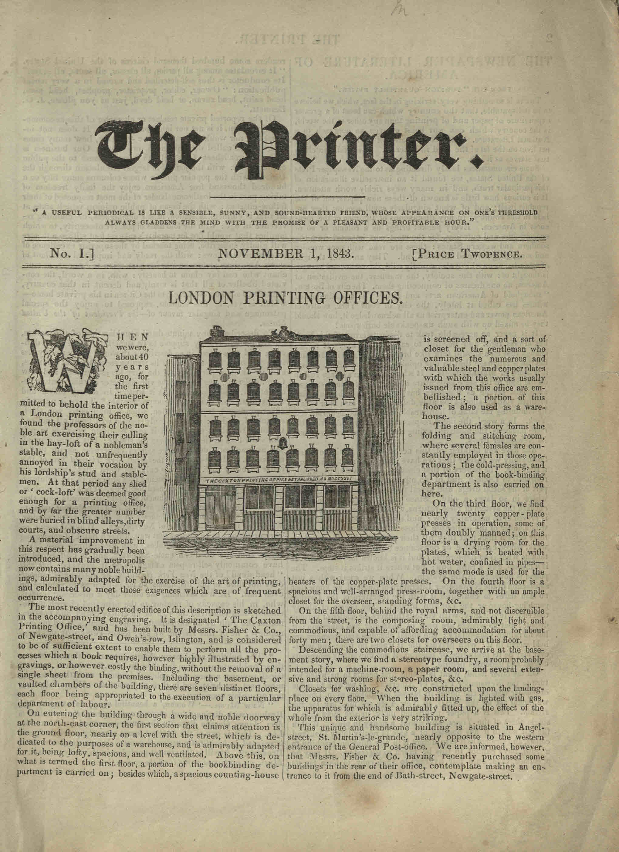 Front page of the first edition of The Printer, 1843