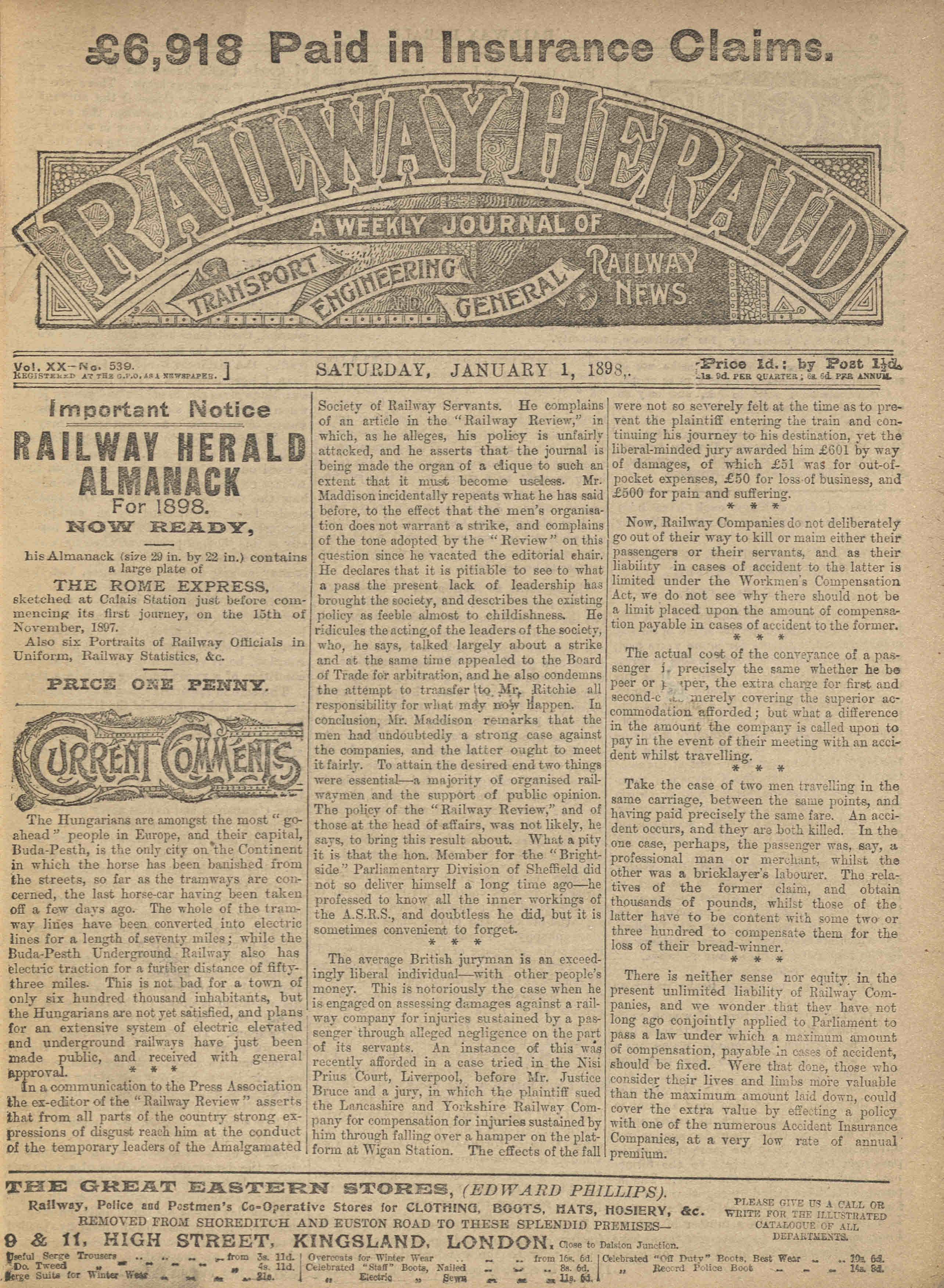 Front page of Railway Herald, 1 Jan 1898