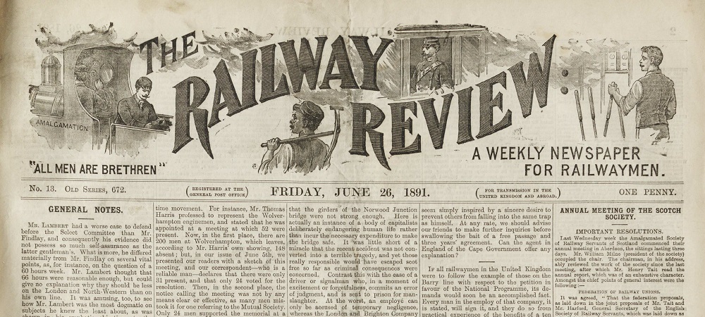 Header of the Railway Review, showing the title of the publication and images of railway workers doing different types of jobs