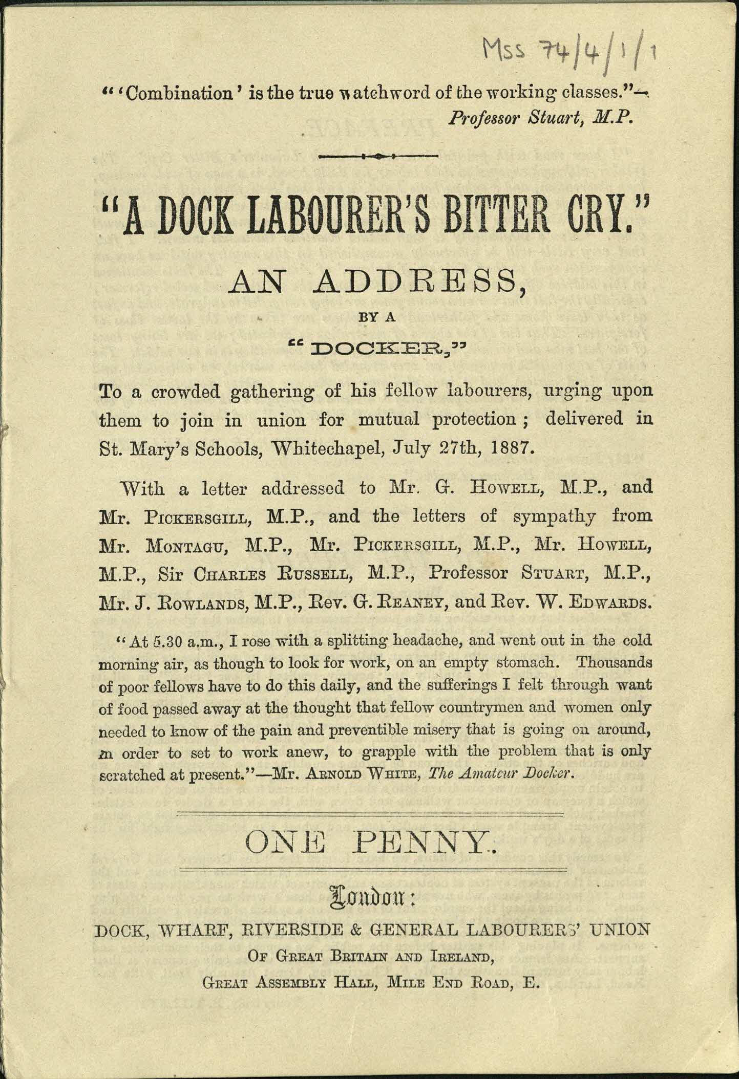 page from 'A dock labourer's bitter cry', pamphlet by Ben Tillett, 1889