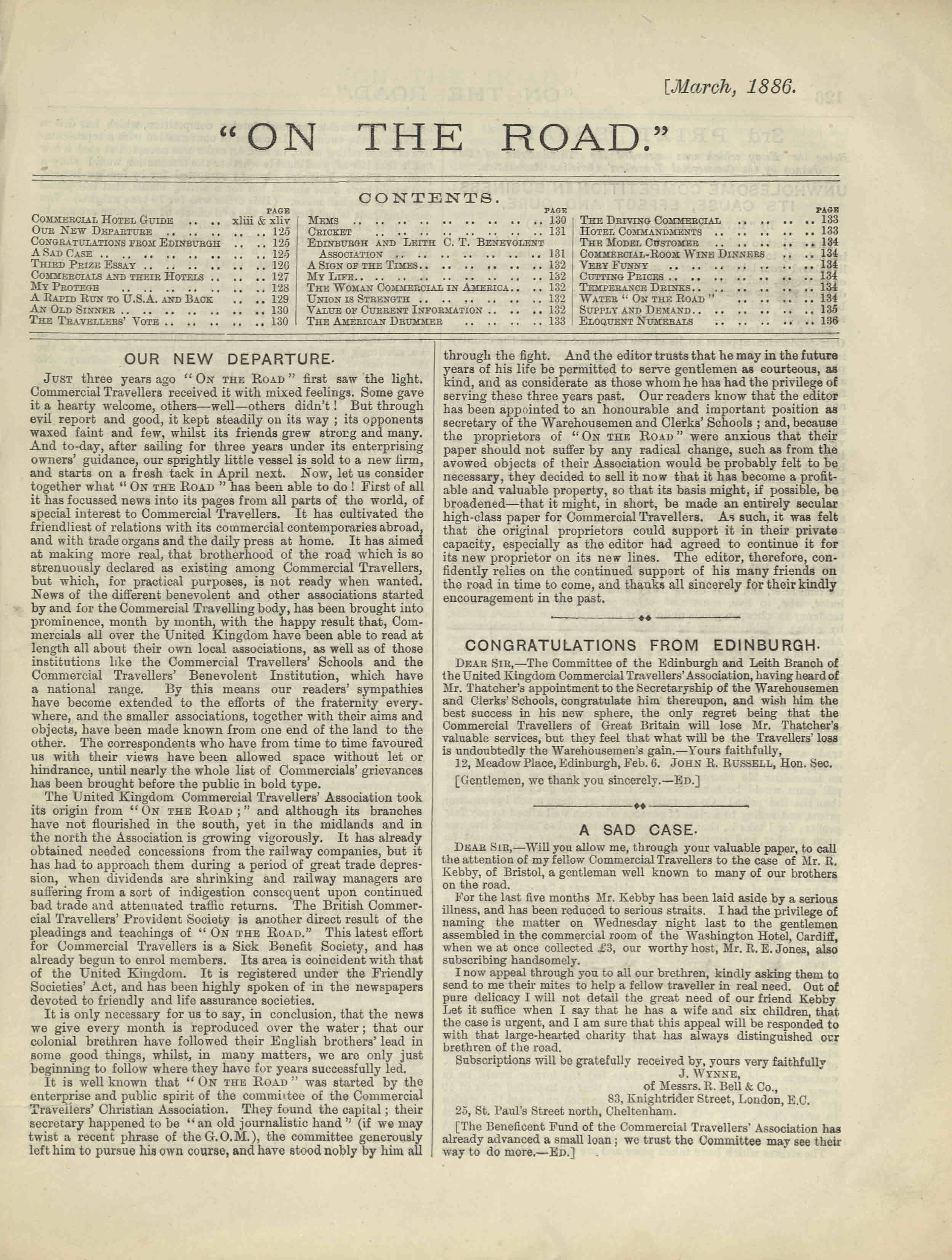 Editorial and contents page of 'On The Road', March 1886. It includes an article about the change in ownership of the journal from the Commercial Travellers' Christian Association to the United Kingdom Commercial Travellers' Association
