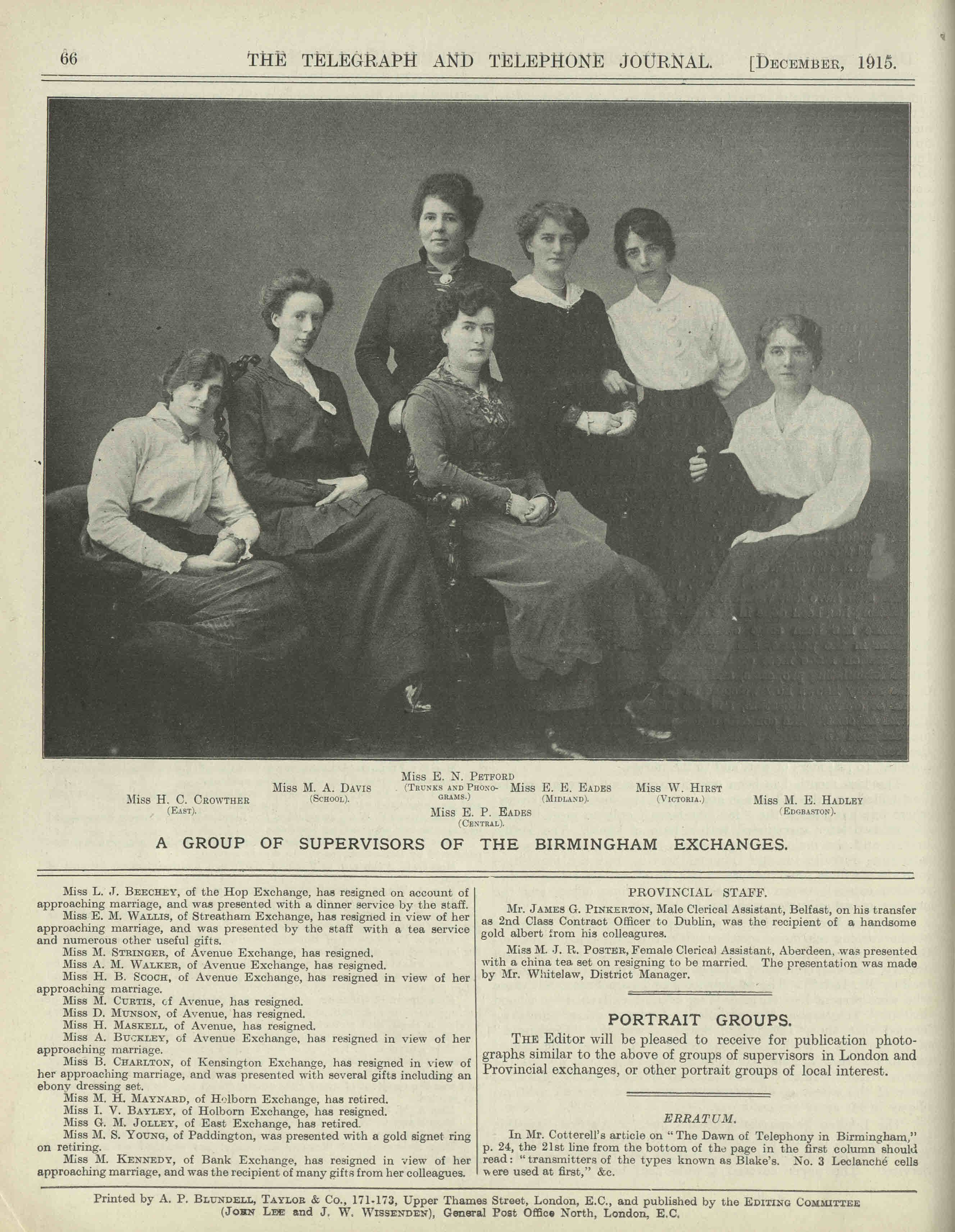 Page from The Telegraph and Telephone Journal, Dec 1915, including a photograph of a group of supervisors at the Birmingham exchange