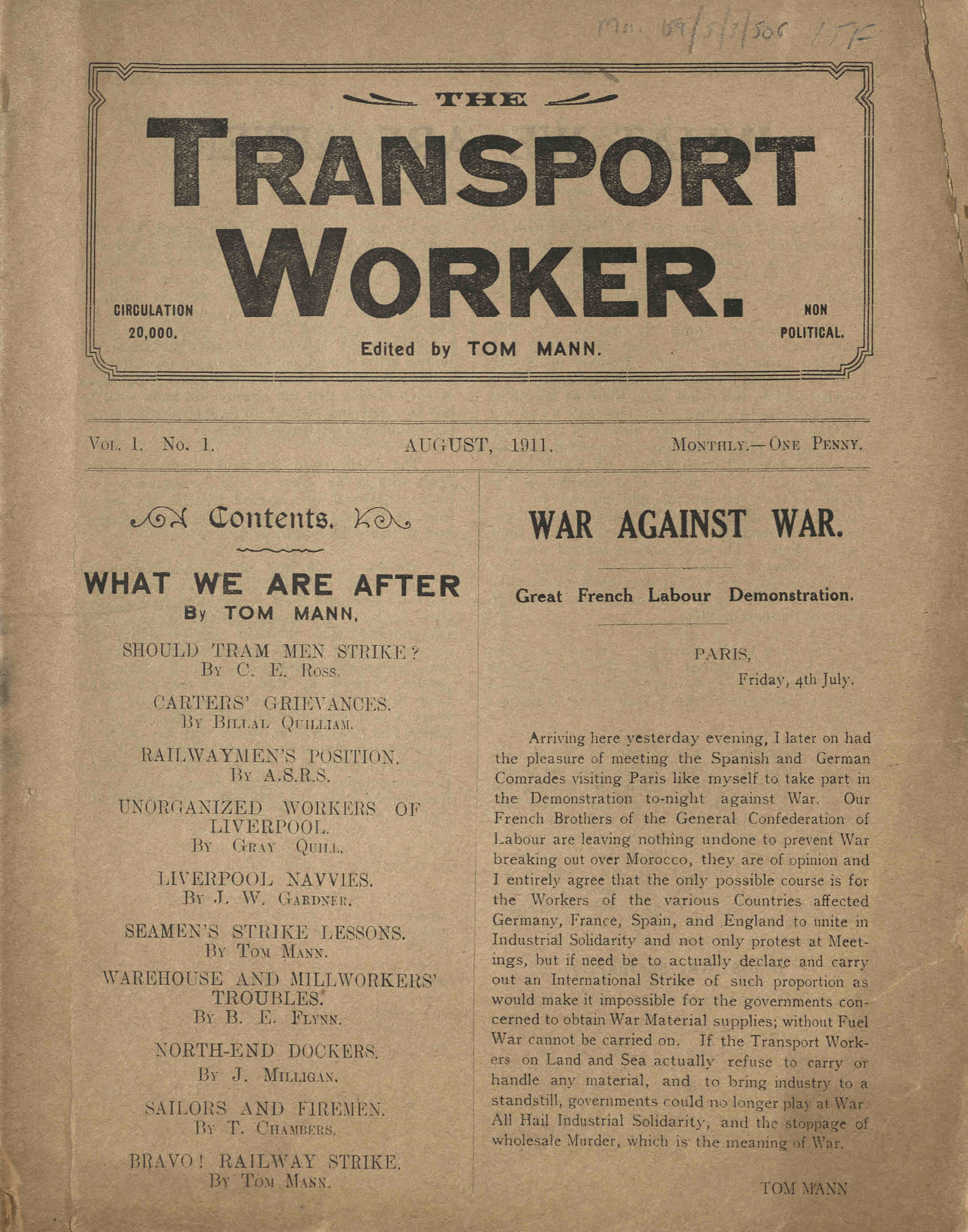 Front page of The Transport Worker, no.1, Aug 1911