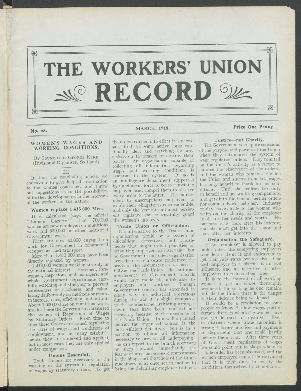 Front page of The Workers Union Record, March 1918