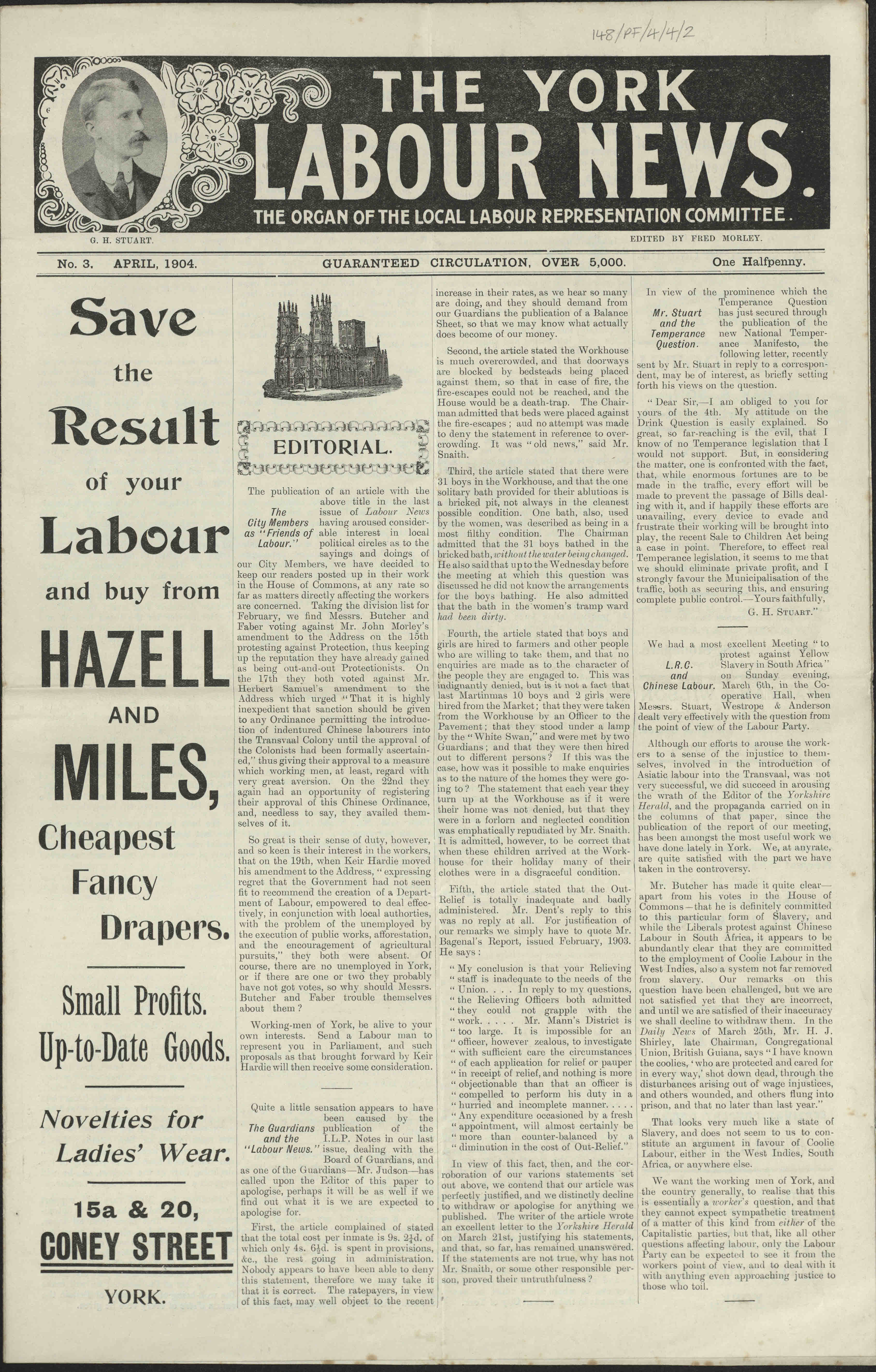 Front page of The York Labour News, no.3, April 1904