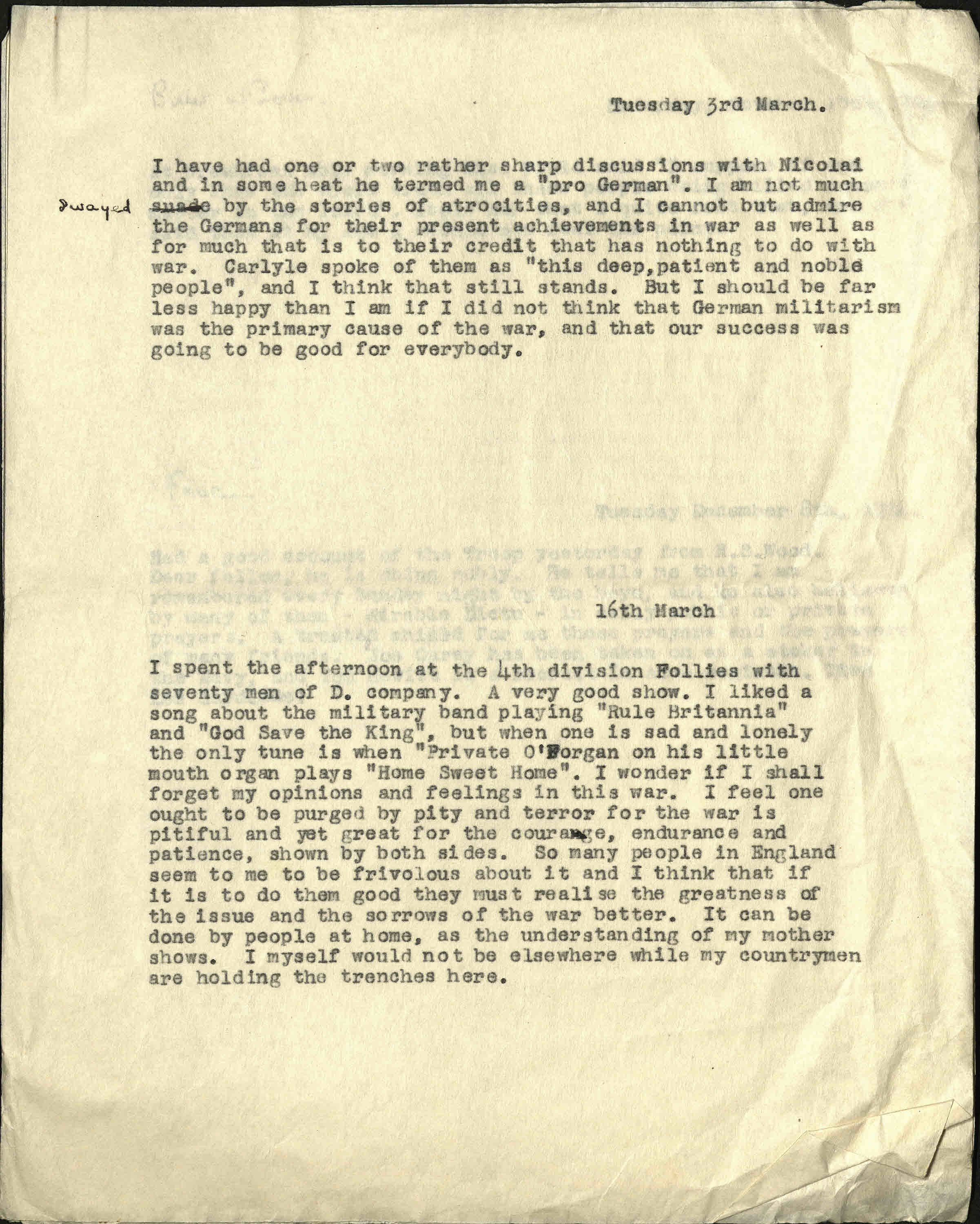 Extract from letters sent by Edith Ramsay's brother