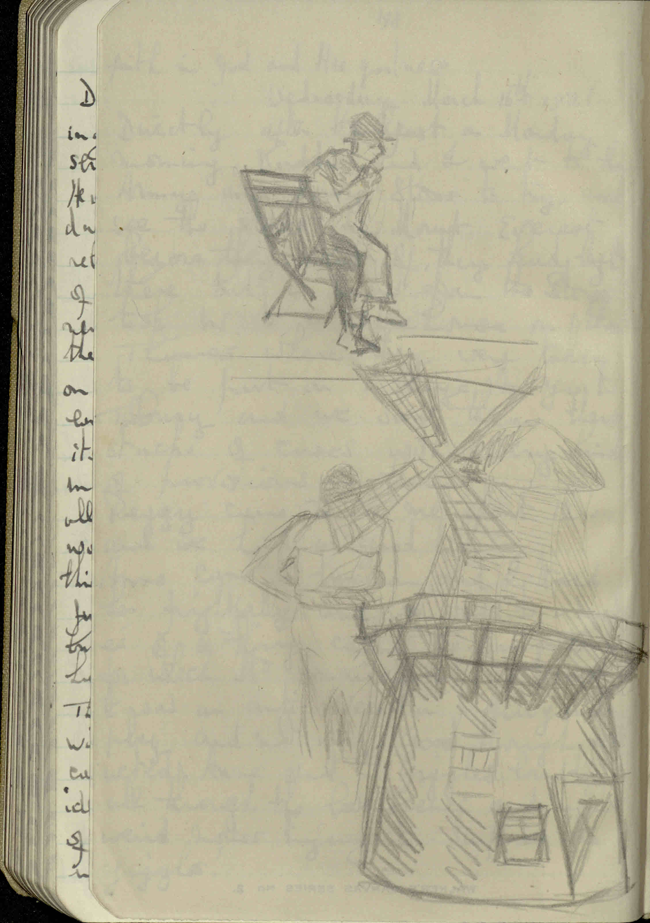 Sketches of two figures and a windmill