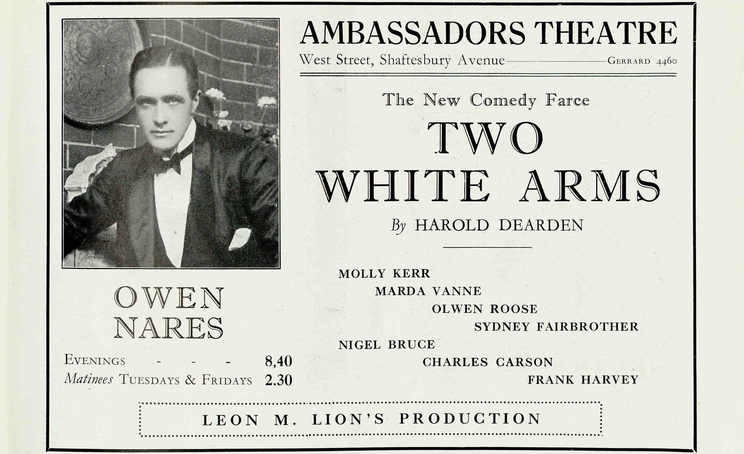 Advertisement for the play Two White Arms