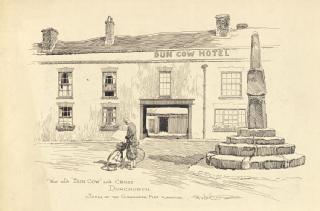 Drawing by Frank Patterson of the Dun Cow Hotel and the cross,  Dunchurch  (Cyclists' Touring Club archive: MSS.328/C/12/6/5/33)