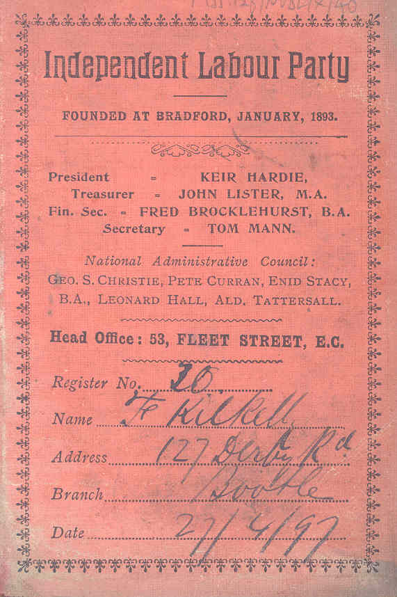 Independent Labour Party membership card of F. Kilkelly