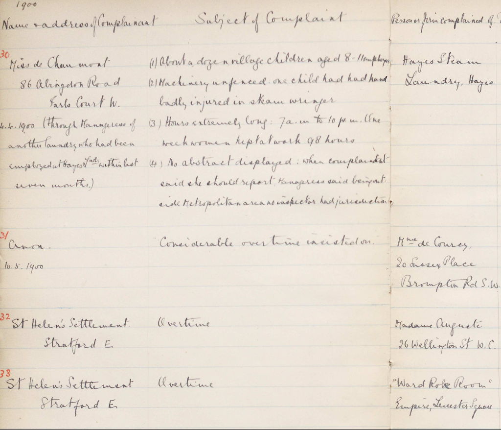 Extract from a register of enquiries and complaints relating to the working conditions of girls and women