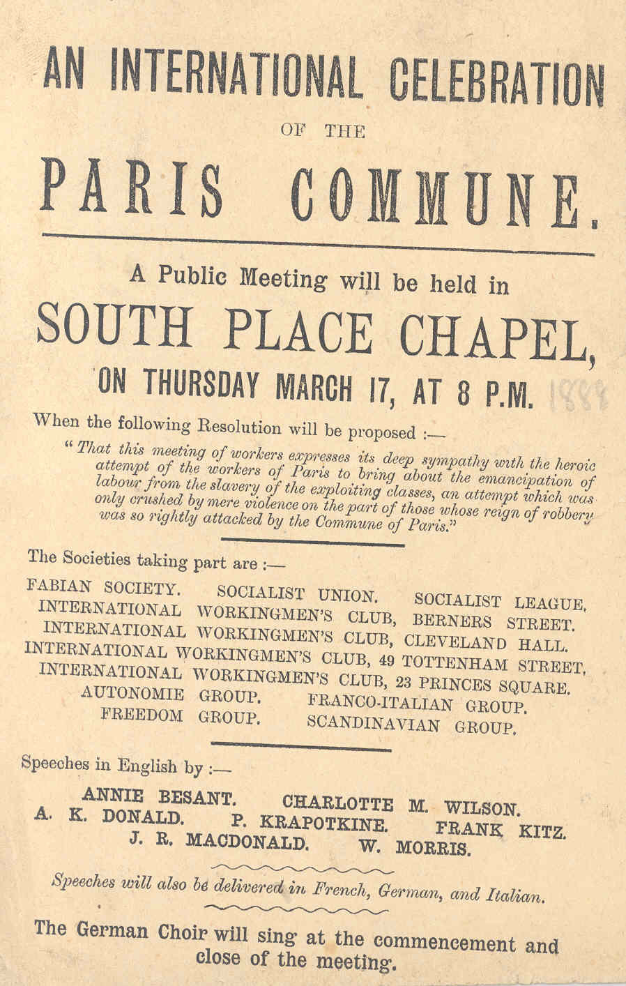 Leaflets relating to political meetings in South Place Chapel, Finsbury, London