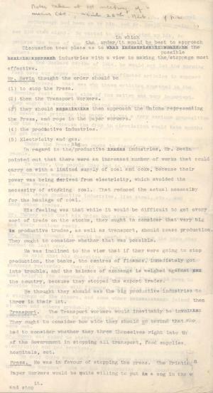 Notes of Trades Union Congress Ways and Means Committee meeting, held to discuss the organisation of the General Strike, 28 April 1926