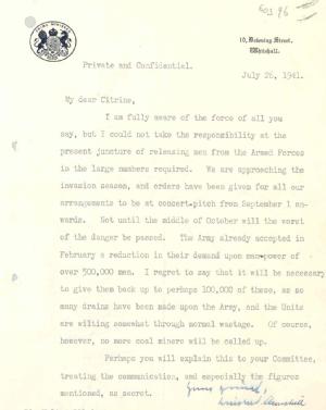 Correspondence between Sir Walter Citrine, General Secretary of the TUC, and Winston Churchill, Prime Minister, regarding the urgent problem of coal production, 1941