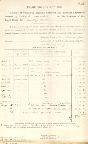 Account of travelling expenses incurred by Mary Macarthur, on the business of the Trade Board for Cradley Heath between January-June 1910