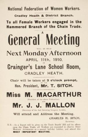 Leaflet advertising a general meeting of the Cradley Heath and District Branch of the National Federation of Women Workers, 1910