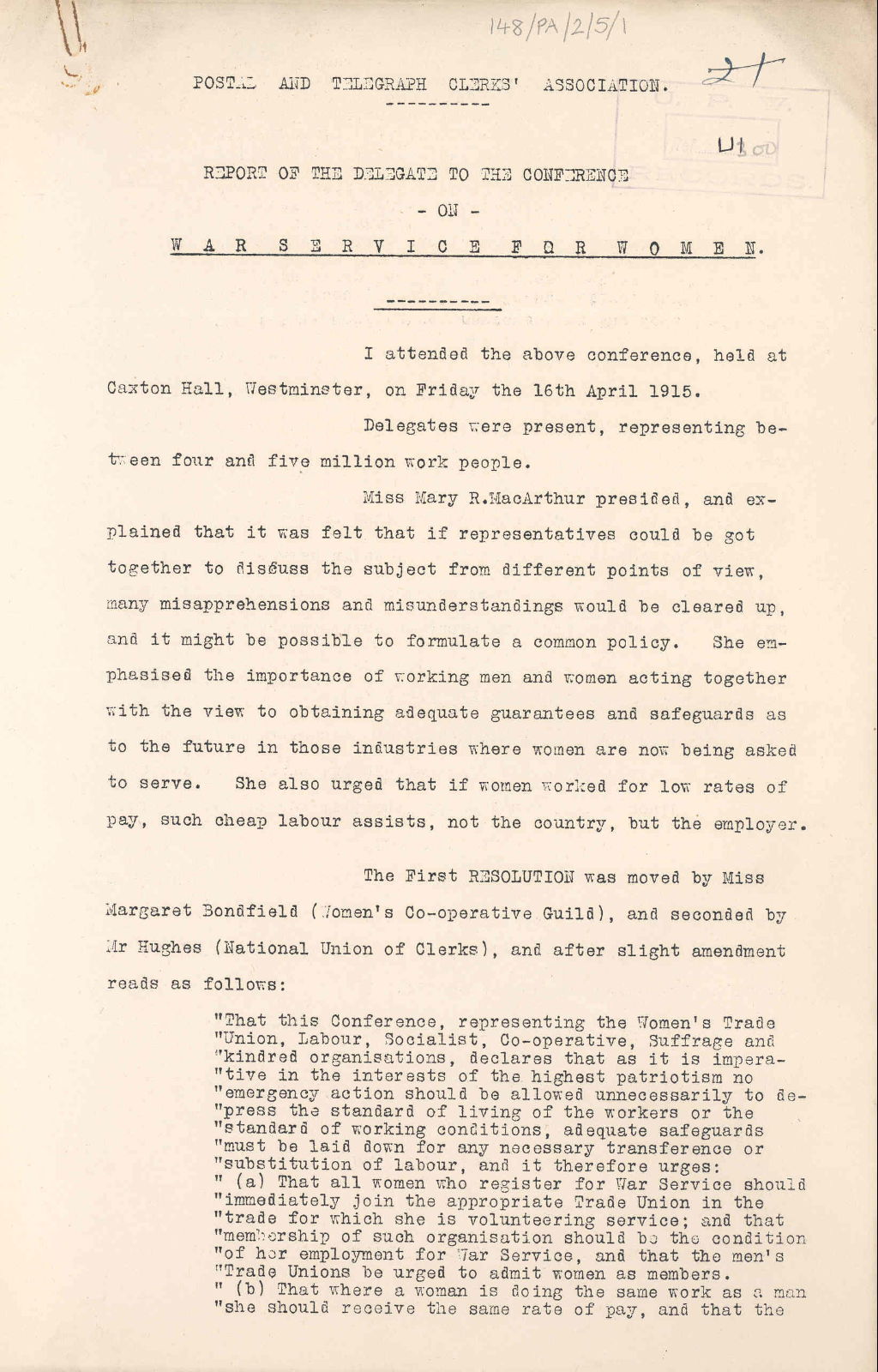 Front page of report of delegate to conference on war service for women