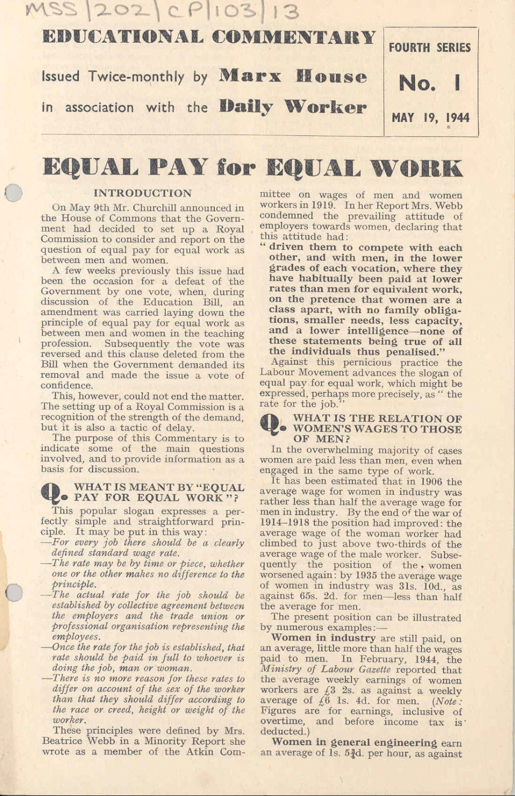 Front page of 'Equal Pay for Equal Work': Daily Worker 'Educational Commentary'