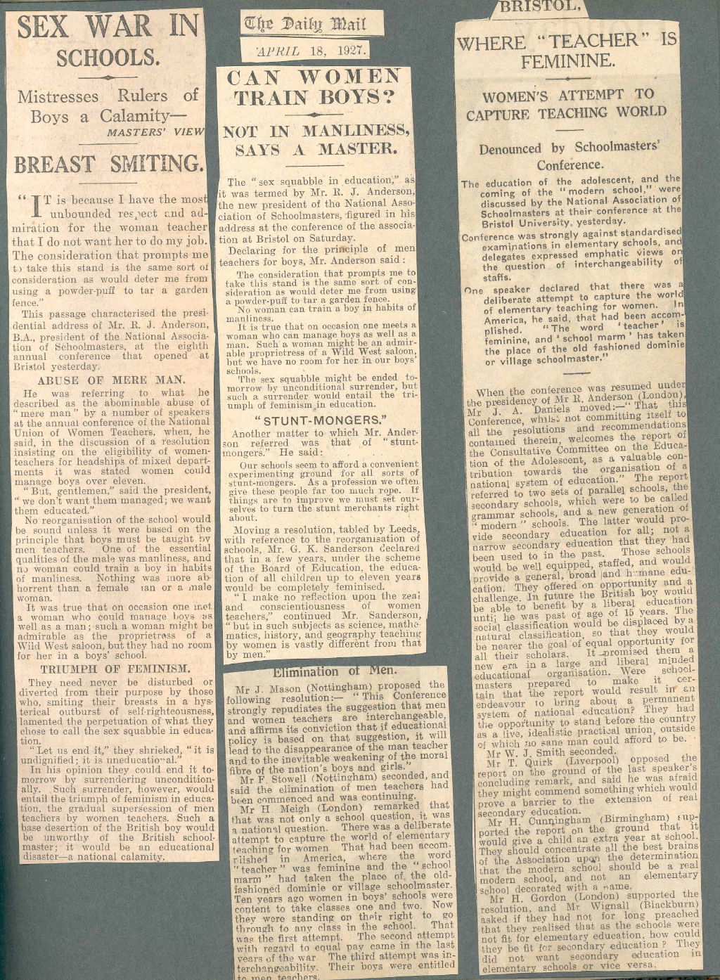 Newspaper cuttings reporting on objections to women teachers