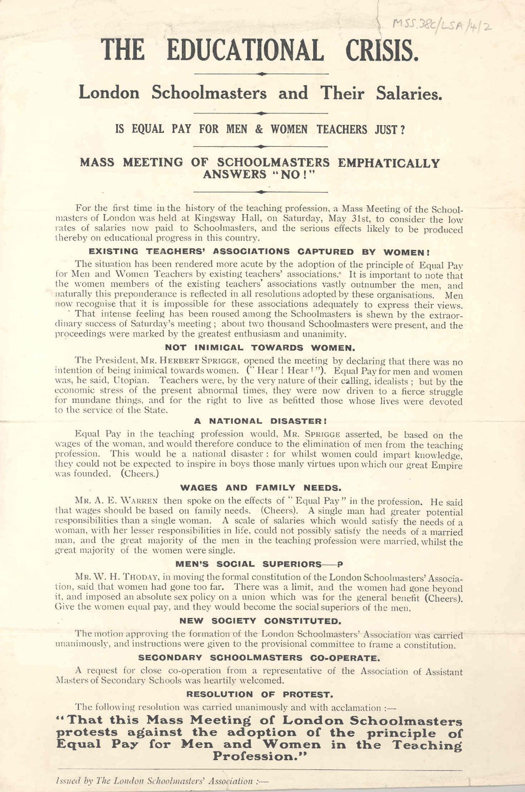 "The Educational Crisis": leaflet about anti-equal pay rally by London Schoolmasters
