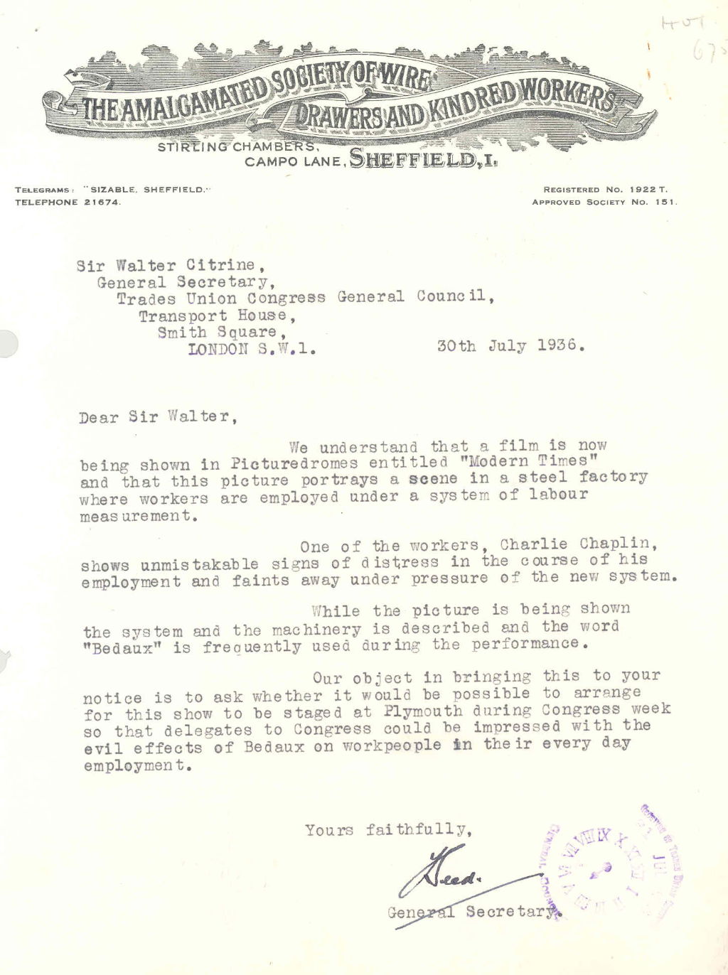   Letter enquiring about the Charlie Chaplin film Modern Times, 1936