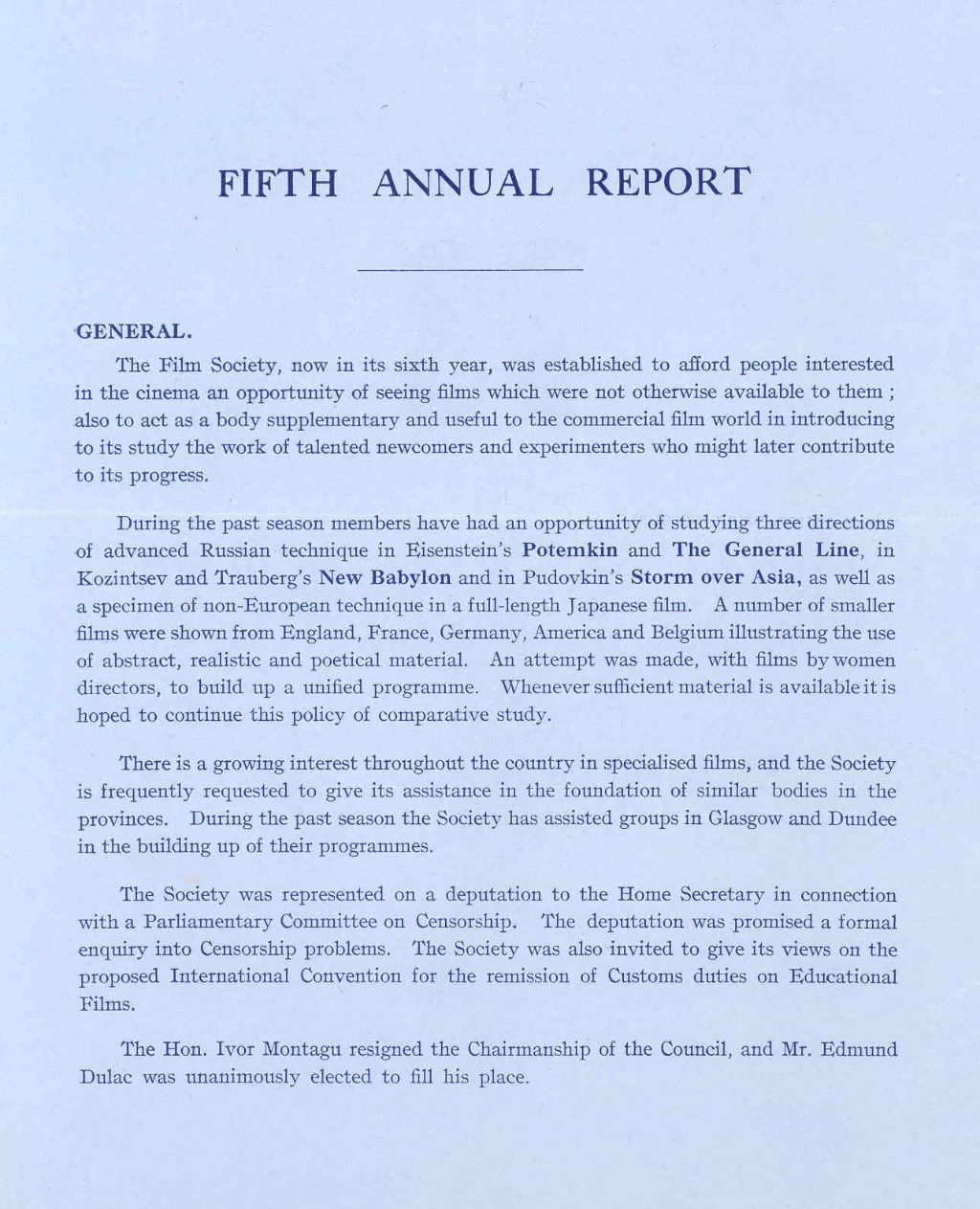 Extract from fifth annual report of the Film Society, 1930