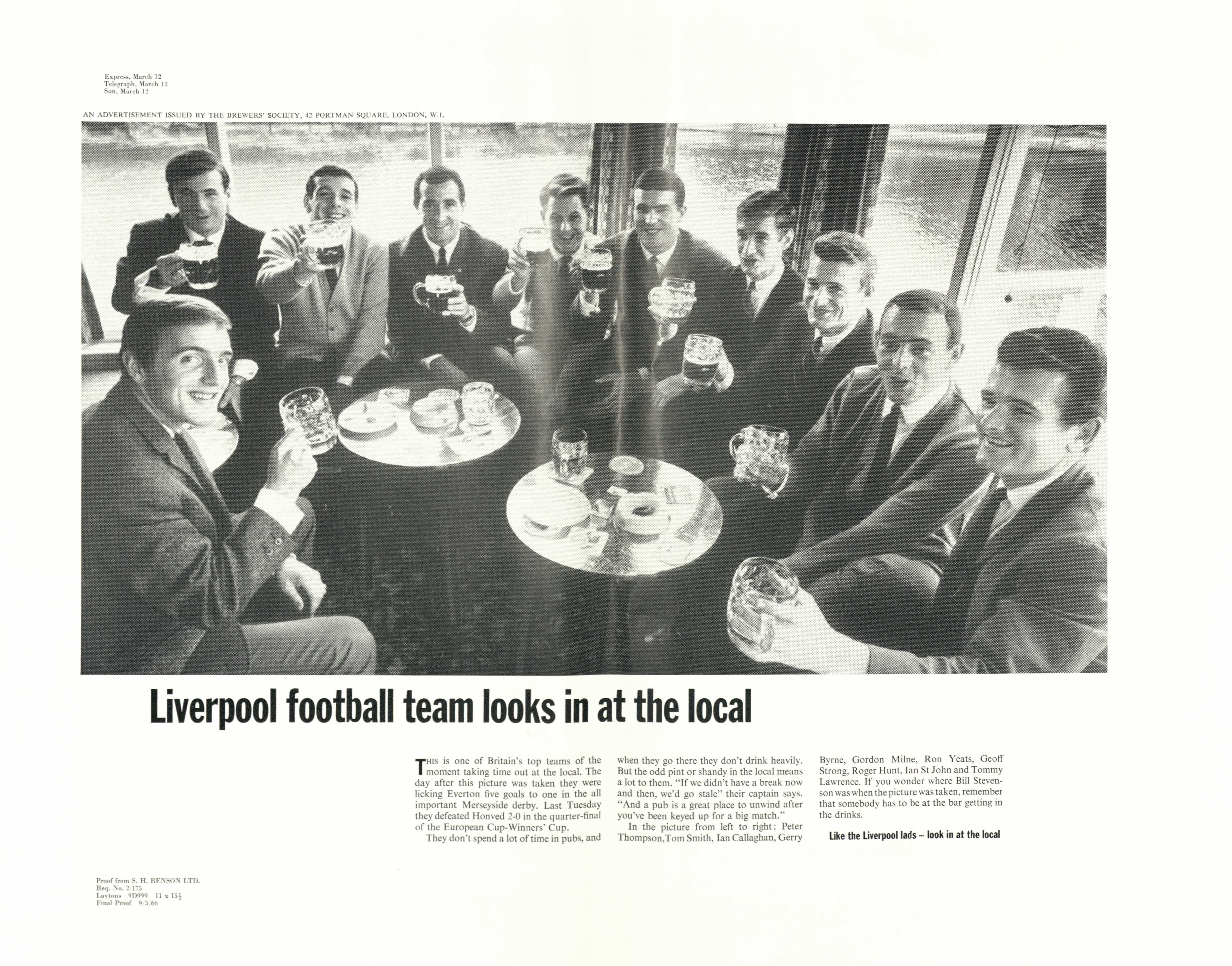 Liverpool football team looks in at the local, 1966