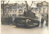 Military precautions in London: Tanks manned with troops in steel helmets leaving Wellington Barracks for an unknown destination