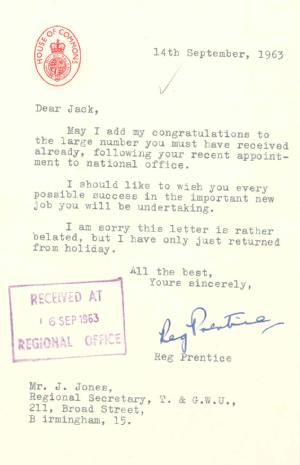 Letter of congratulation on his appointment from Reg Prentice MP, 1963