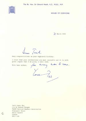 Letter of congratulations on Jones's 80th birthday from old adversary Ted Heath, 1993